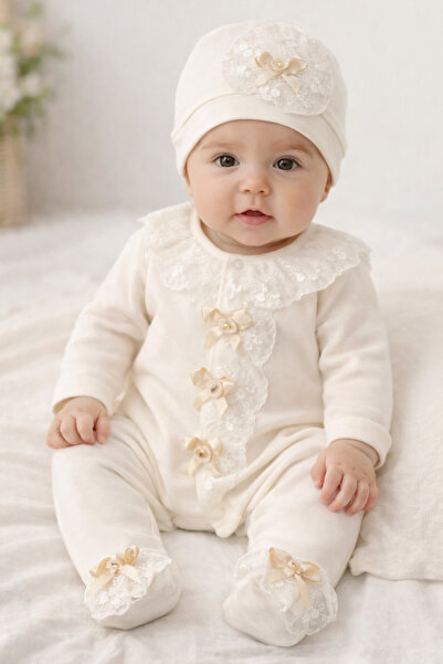 jijek baby kids Baby Girl Ecru Lace Detailed Jumpsuit – Set of Cotton Long Sl...