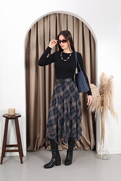 YEK&BİR Plaid Asymmetric Chiffon Nare Skirt Black