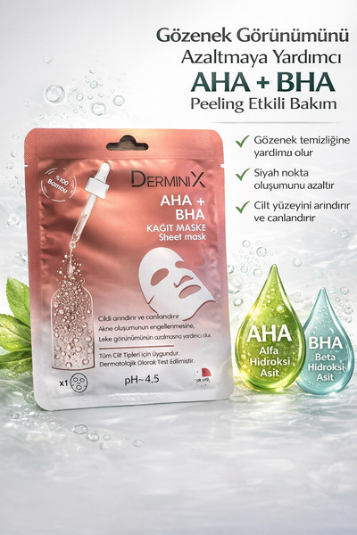Derminix AHA+BHA 25g Kağıt Maske 1 Adet–Akne&Siyah Nokta Karşıtı,Gözenek Arın...