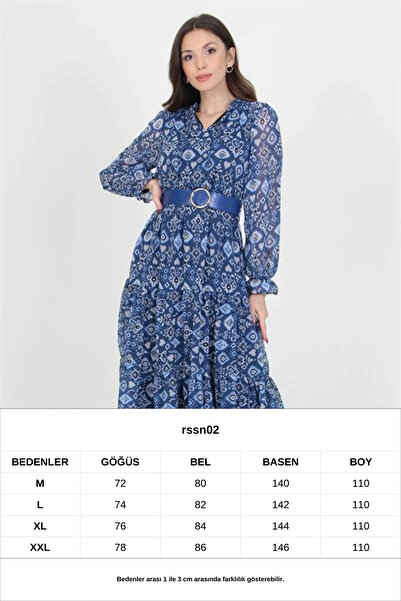 Neşeli Butik Kadın Kemerli Yakası Bağlama Detaylı Desenli Şifon Elbise Rssn02