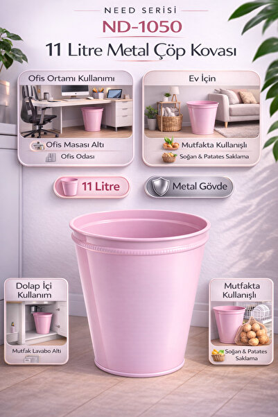 Need ND-1050 Metal Toz Pembe Çöp Kovası 11 Litre – Lavabo Altı, Mutfak ve Ofi...
