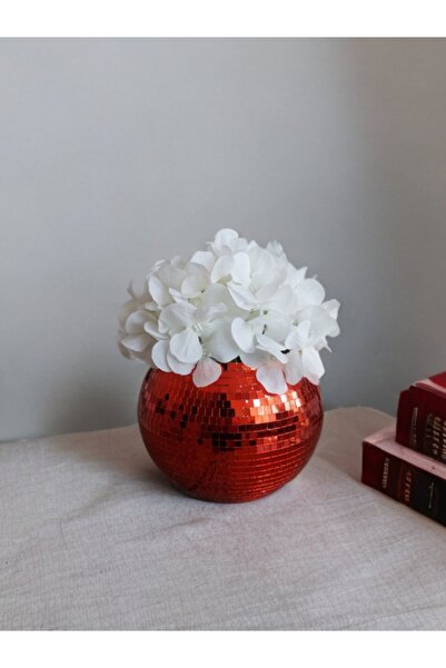 IŞILTI HOME DESIGN مزهرية زجاجية عاكسة مستديرة حمراء متوسطة الحجم