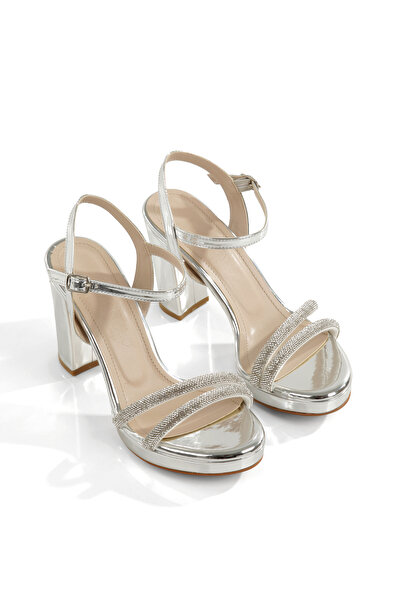 Women's Evening Shoes with Silver Mirror Gemstone Platform Thick Heel Ankle Band