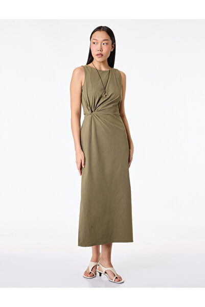 Koton Crew Neck Sleeveless Slim Fit Slit Dress with Knot Detail