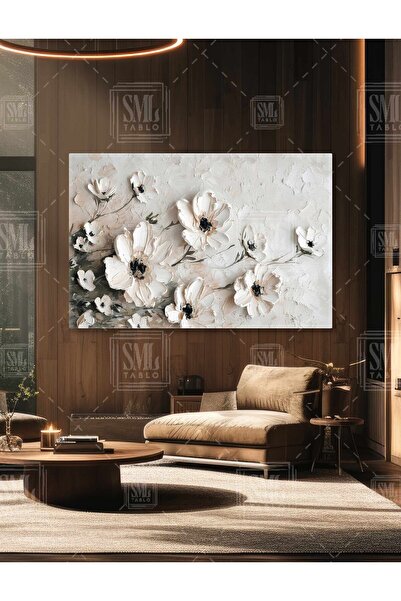 SML TABLO Beyaz Çiçekli Bahar Dalı Fırça İzleri Modern Lüks Dekor Doğa Flower...