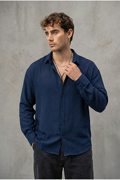 Valiberta Scott – Soft Textured Half Oversize Modern Men's Shirt - Navy Blue