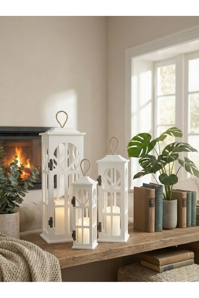 Liya Bella 3’lü Dekoratif Ahşap Fener Seti | Mumluk Fener Ev & Balkon Dekoras...