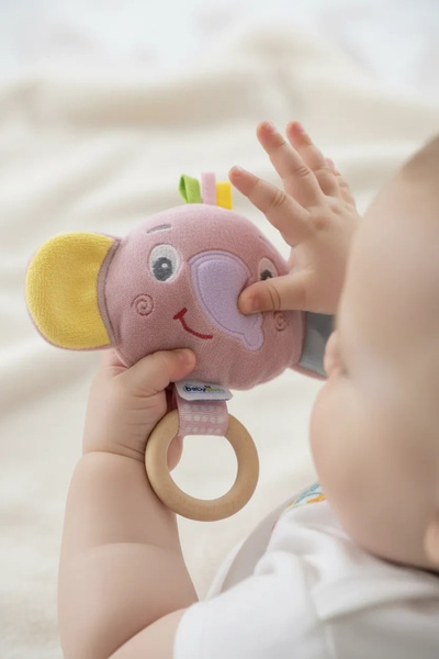 Babyjem عضاضة على شكل فيل لطيفة مع حلقة خشبية بلون وردي باهت