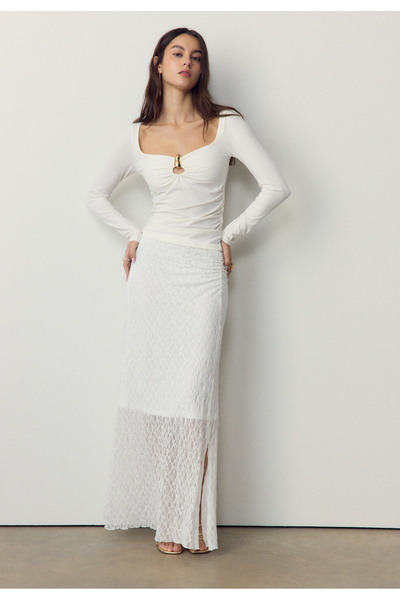 Stradivarius Gathered lace midi skirt