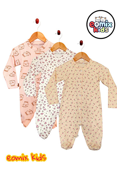 eomix kids 3'lü kız bebek tulum %100 pamuk çıtçıtlı kalp çiçek ve kuzu baskı ...
