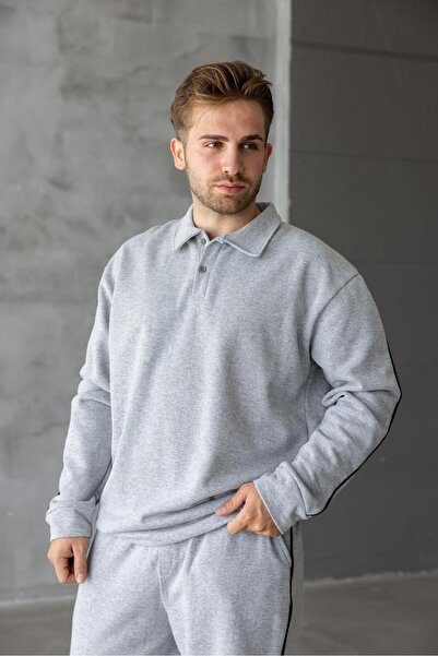 DARK MODA Ανδρικό φούτερ με oversized ρίγες με λαιμόκοψη πόλο με κουμπιά