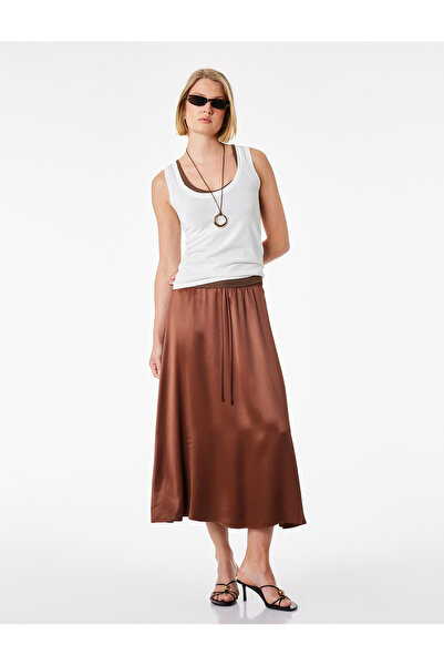 Koton Elastic Flared Cut Midi Satin Skirt with Tie Waist