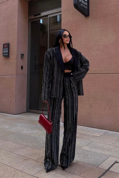 Afitapbutikmoda Taş Baskılı Şerit Detaylı Şık Pantolon