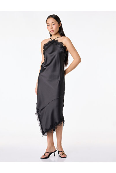 Koton Asymmetrical Cut Sleeveless Halter Neck Lace Detailed Midi Satin Dress