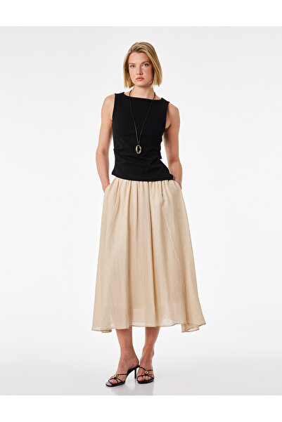 Koton Viscose Fabric Pleated Detailed Bell Cut Midi Skirt with Pockets