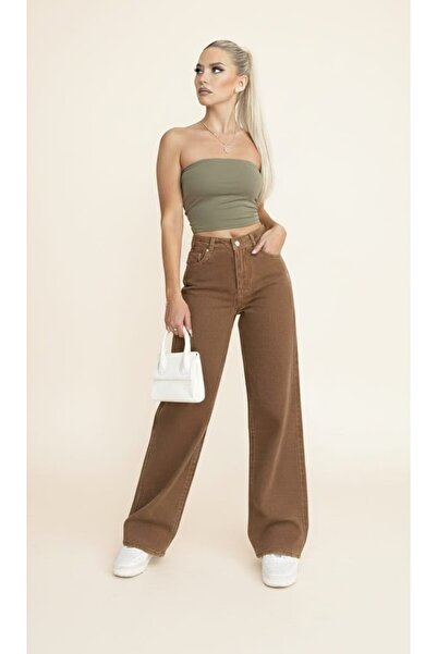 Ramrod Hnědé volné džínové kalhoty Palazzo s vysokým pasem a super vysokým pa...