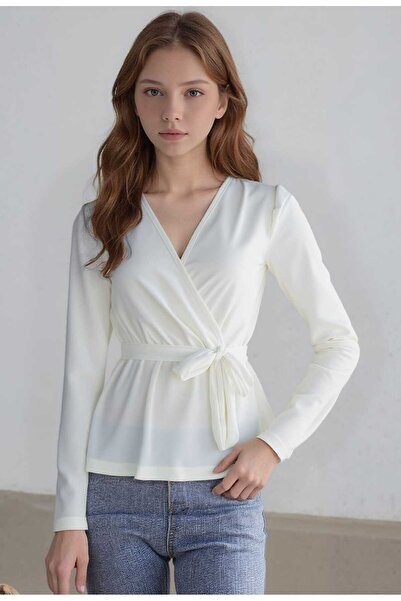 DEVRİMAY TEKSTİL White Double-Breasted Collar Long Sleeve Belted Stretch Fabr...