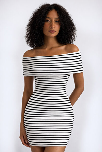 İLKCET MODA Prugasta ženska haljina sa madona ovratnikom i rastegljivim mater...