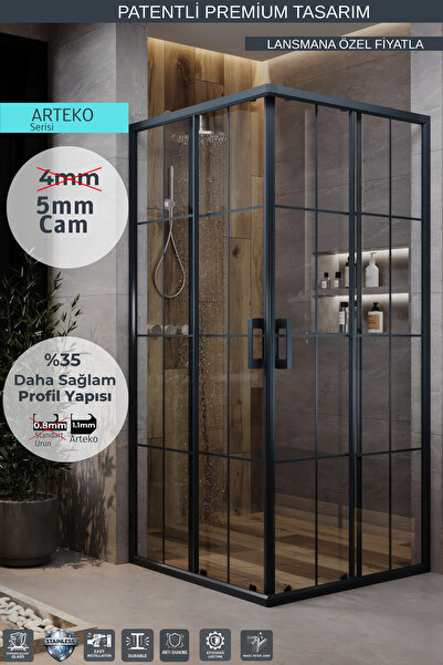 MONAQUA Arteko Duşakabin Kare - Antrasit Profil - Karolaj Antrasit Çizgili 5m...