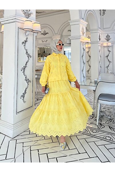 PİNK FLY Set de vară cu detaliu din piatră, fustă lungă, costum Tesettür cu m...