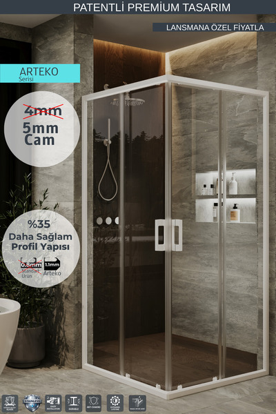 MONAQUA Arteko Duşakabin Kare - Beyaz Profil - Şeffaf 5mm Temperli Cam