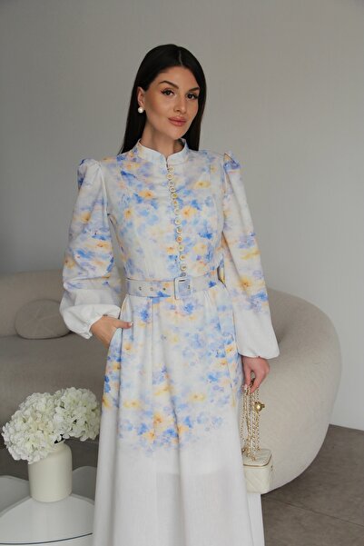 Julidress Λινό φόρεμα με ψηλό γιακά, πολύχρωμο, με κουμπιά και ζώνη, Premium ...