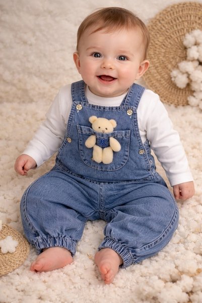 ASLİN STORE Long Arm Teddy Bear Salopet Girl Boy Baby Kids 2-Piece Set 6 Months, 9 Months, 12 Months