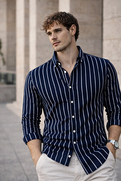 Valiberta Scorsese prugasta opuštena muška košulja - tamnoplava