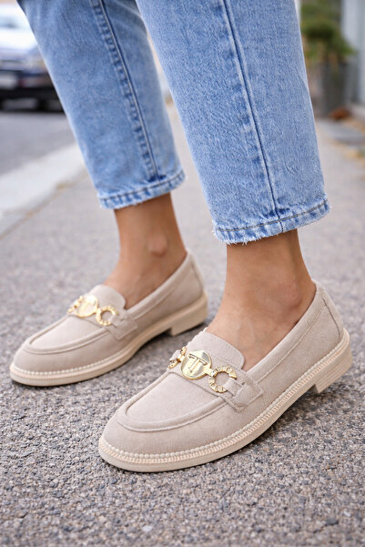 POTEEN Ceku Women's Suede Buckled Daily Loafers Ballet Flats Shoes-Beige