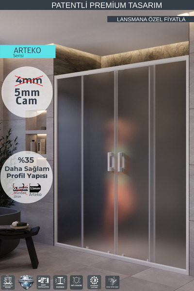 MONAQUA Arteko Duşakabin Ön Cephe, 2 Sabit 2 Kayar - Beyaz Profil - Satine Bu...