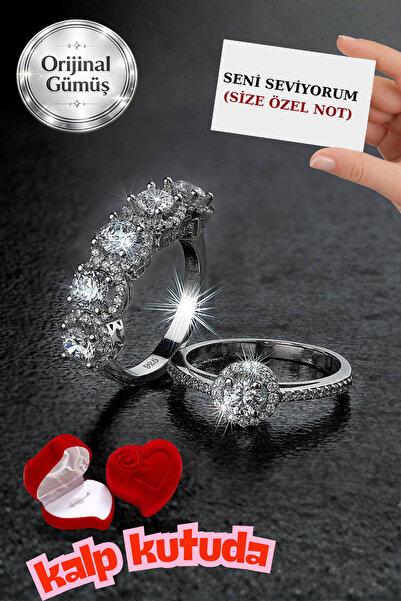 CARAT STONE Gümüş 2.50 Carat Beştaş Ve 1 Carat Tektaş Yüzük Kalp Şeklinde Süe...