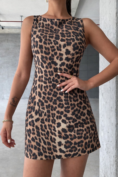İLKCET MODA Αντίκα ξεθωριασμένο λινό φόρεμα λεοπάρ μίνι μέγεθος στενής εφαρμογής