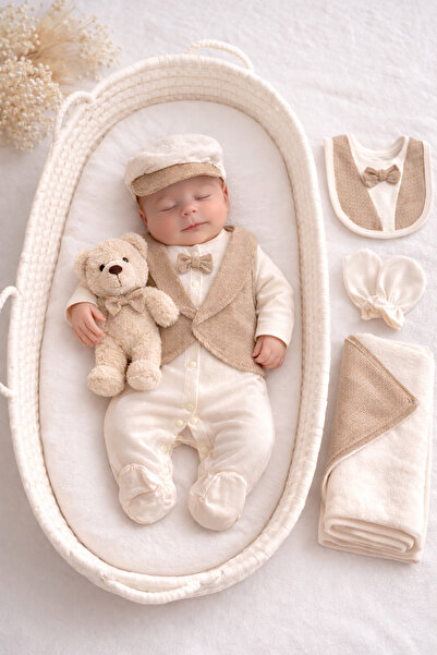 VERONA TARZ 5’li Hastane Çıkışı 0-3 Ay Pamuklu Erkek Bebek Seti Bej Yelekli Y...