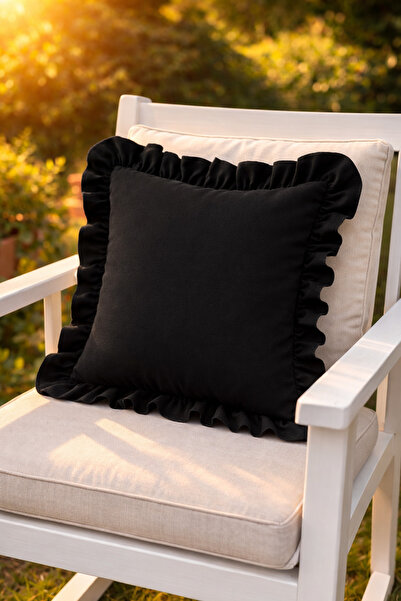 ÇIQRIK HOME %100 Pamuk Fırfırlı Siyah Dekoratif Kırlent Kılıfı – 43x43 cm ( 1...