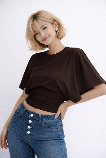 Avakado Bluză maro cu mâneci largi, care subliniază talia, top cu mâneci ample