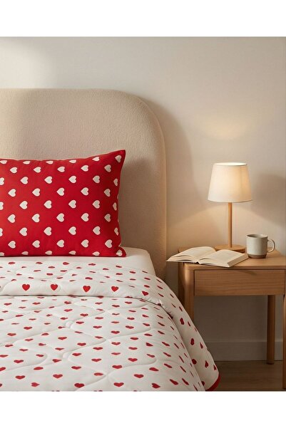 incila home Tek Kişilik Çok Amaçlı Kırmızı Kalp Desenli Kapitoneli Pike Takımı