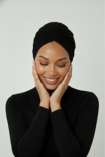 elysianfidan Çapraz Fitilli Penye Siyah Hazır Türban Tesettür Havuz Bonesi Me...