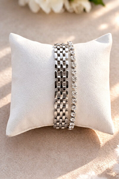 Crc Bijuteri سوار نسائي فضي اللون مكون من قطعتين