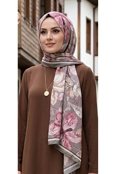 Nazellaa Dijital Siyah Kahve Detaylı BeşÇiçek Soft Kraş Şal
