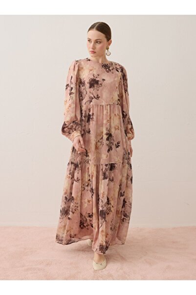 Benin Haljina od šifonske tkanine sa balon rukavima i cvetnim uzorkom - puder...