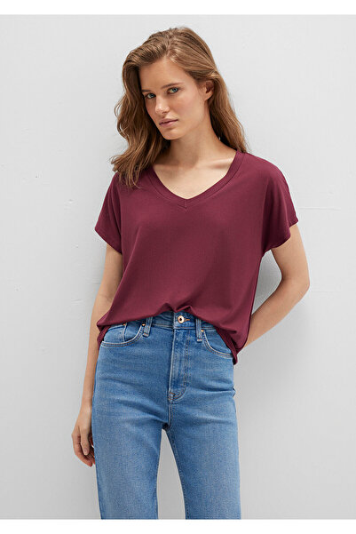 Mavi V Yaka Bordo Basic Viskoz Tişört Regular Fit / Normal Kesim 167714-70393