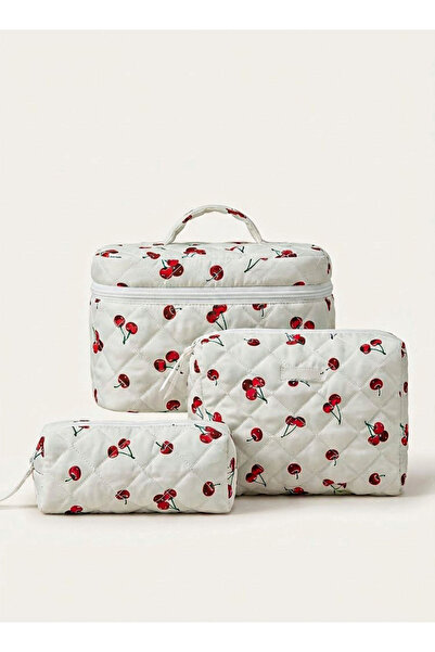 TRENZ Cherry Pattern Cotton Padded Makeup Bag Set – 3 Pieces
