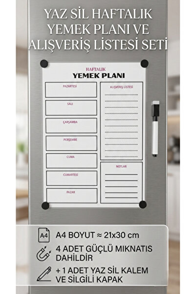 URDE A4 Yaz Sil Haftalık Yemek Planı ve Alışveriş Listesi Magnet– Buzdolabı İ...