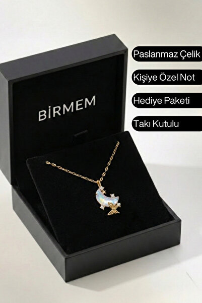 Birmem Kadın Gold Rengi Ay Taşı Kelebek ve Yıldız Figürlü Ayna Zincir Çelik K...