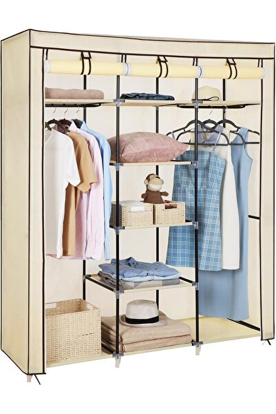 ASTERA 150x45x175 cm Bej Kumaş Gardırop. Katlanabilir, Geniş Tasarımlı Ve Fon...