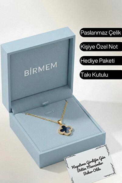 Birmem Kadın Paslanmaz Çelik Kararma Yapmaz Siyah Renk Zirkon Taşlı Yonca Şan...