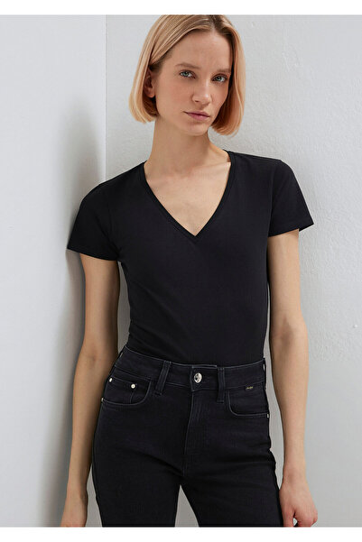 Mavi V Yaka Siyah Basic Stretch Tişört Fitted / Vücuda Oturan Kesim 162769-900