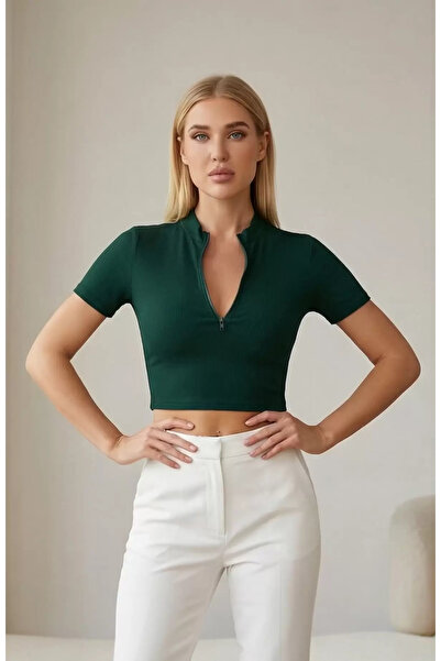 R ROCKBLACK بلوزة نسائية قصيرة بأكمام قصيرة وسحاب نصفي باللون الأخضر – أنيقة ...