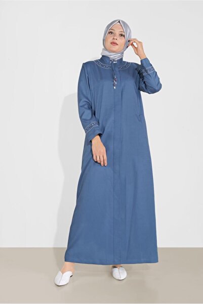 TRENDTESETTÜR KADIN LACİVERT (İNDİGO) YAKASI BAĞLI İŞLEMELİ PARDESÜ 10213