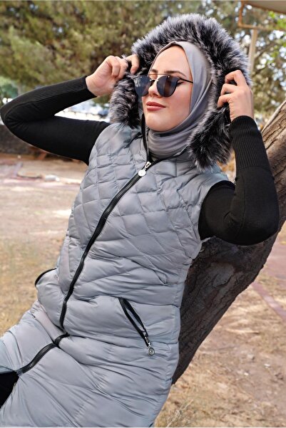 TRENDTESETTÜR KADIN GRİ KAPÜŞONLU KAPİTONE ŞİŞME YELEK 0021